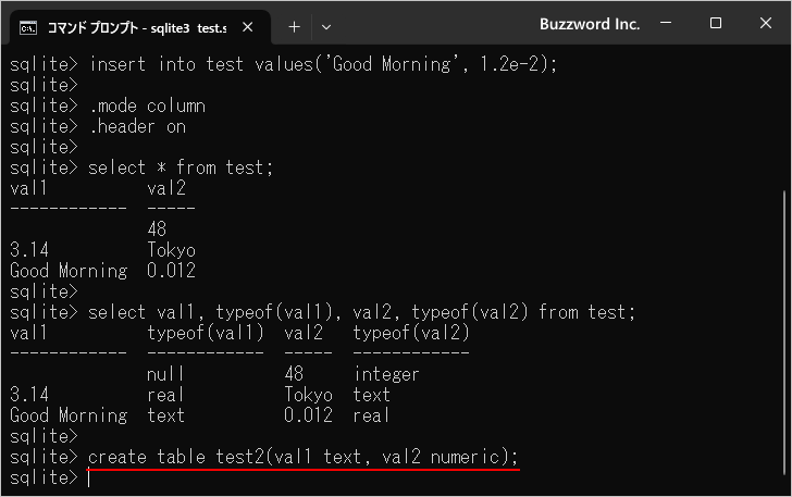 カラムにデータ型を指定した場合(1)