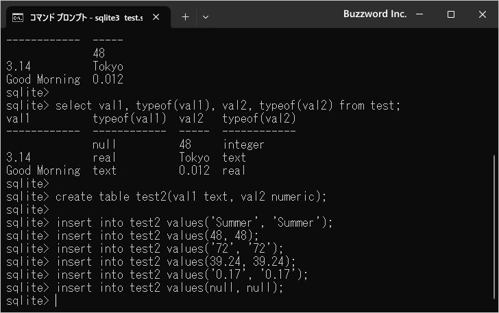 カラムにデータ型を指定した場合(2)